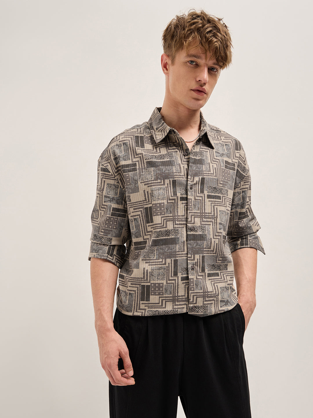 Men Beige Geometric Printed Relax Fit Casual Shirt