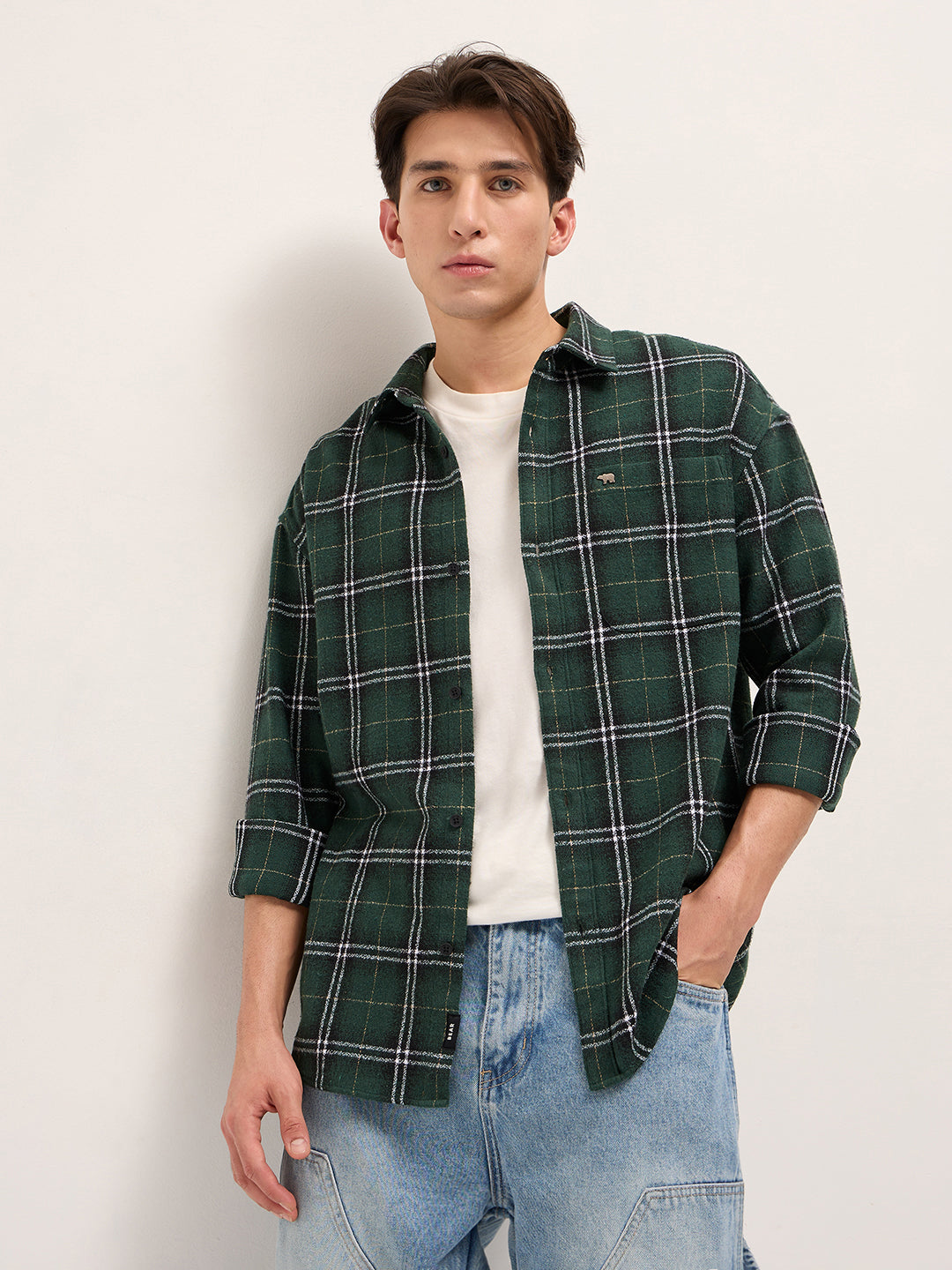 Men Green Woven Checked Design Relax Fit Casual Shirt