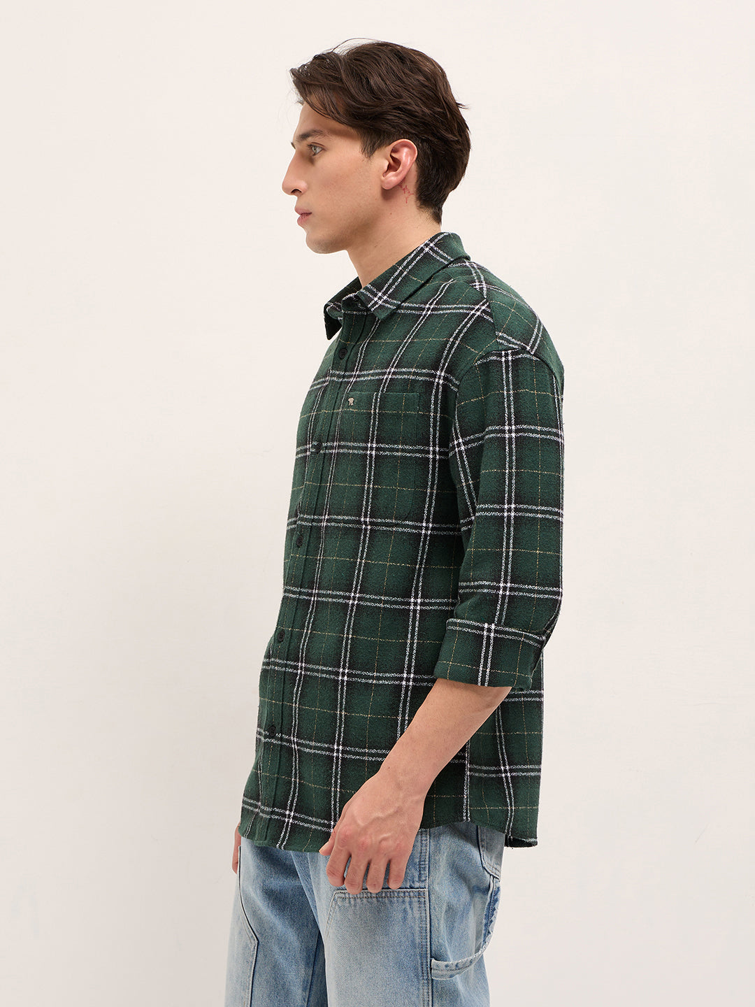 Men Green Woven Checked Design Relax Fit Casual Shirt