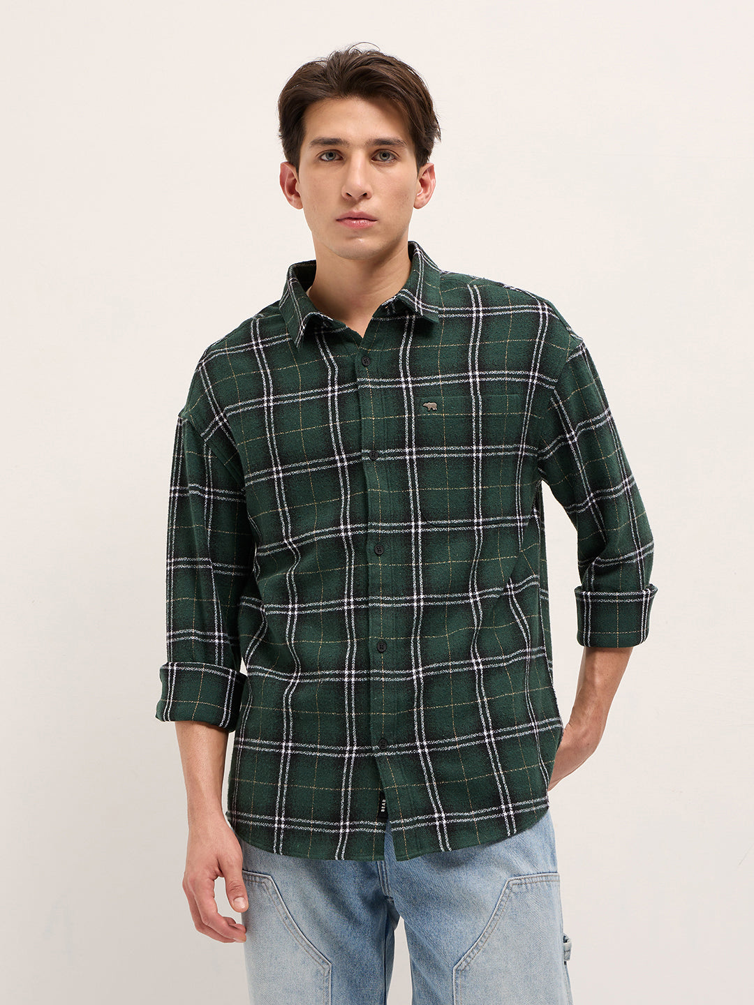 Men Green Woven Checked Design Relax Fit Casual Shirt