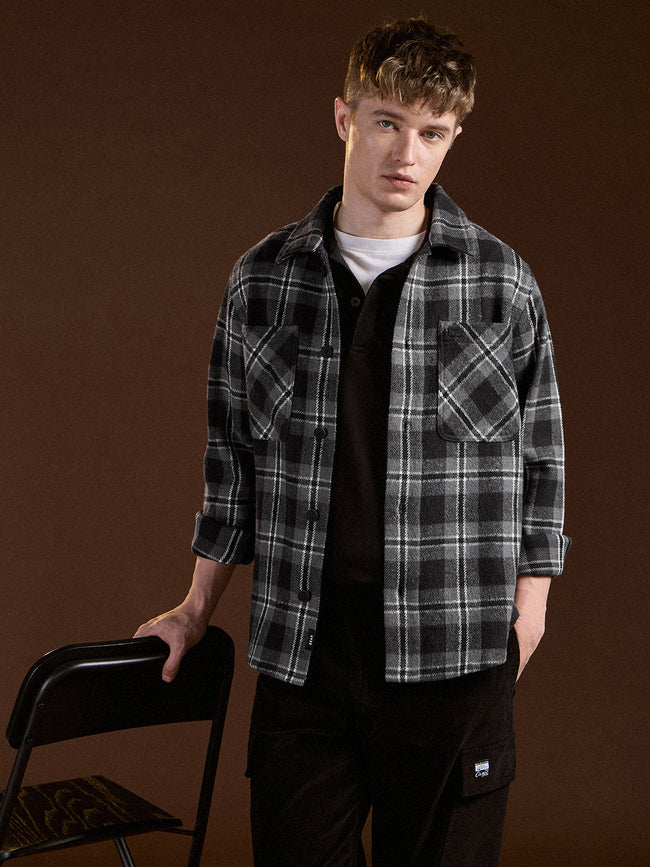 Men Black & Grey Flannel Checked Regular Fit Overshirt