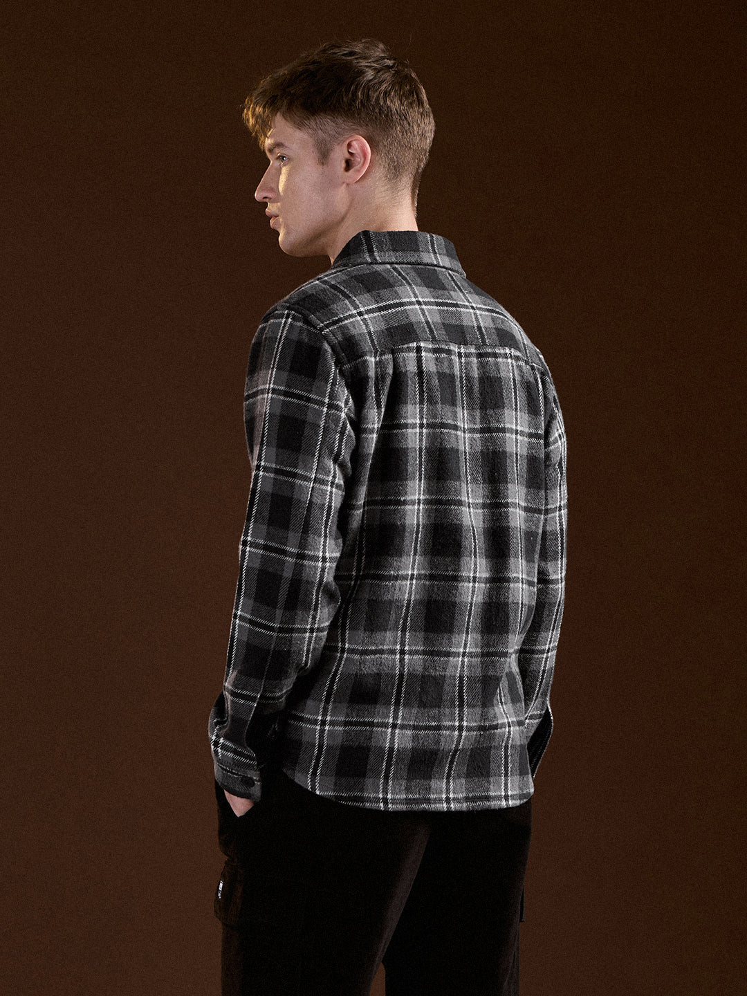 Men Black & Grey Flannel Checked Regular Fit Overshirt