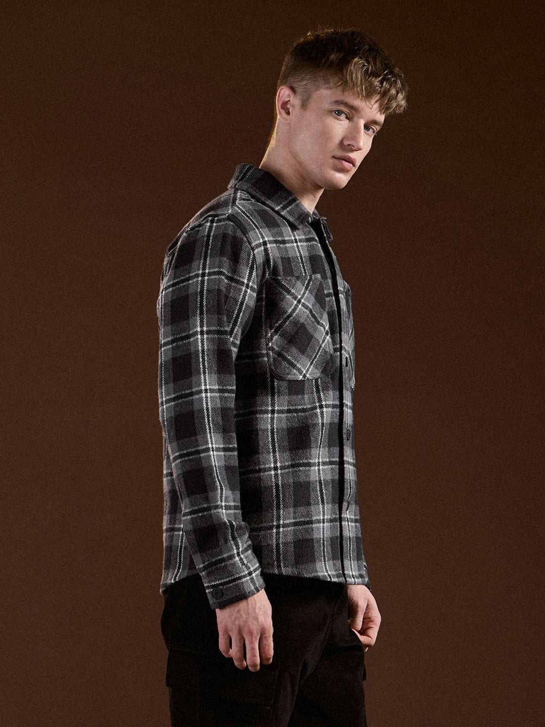 Men Black & Grey Flannel Checked Regular Fit Overshirt