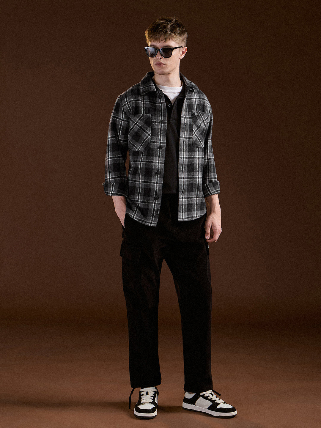 Men Black & Grey Flannel Checked Regular Fit Overshirt