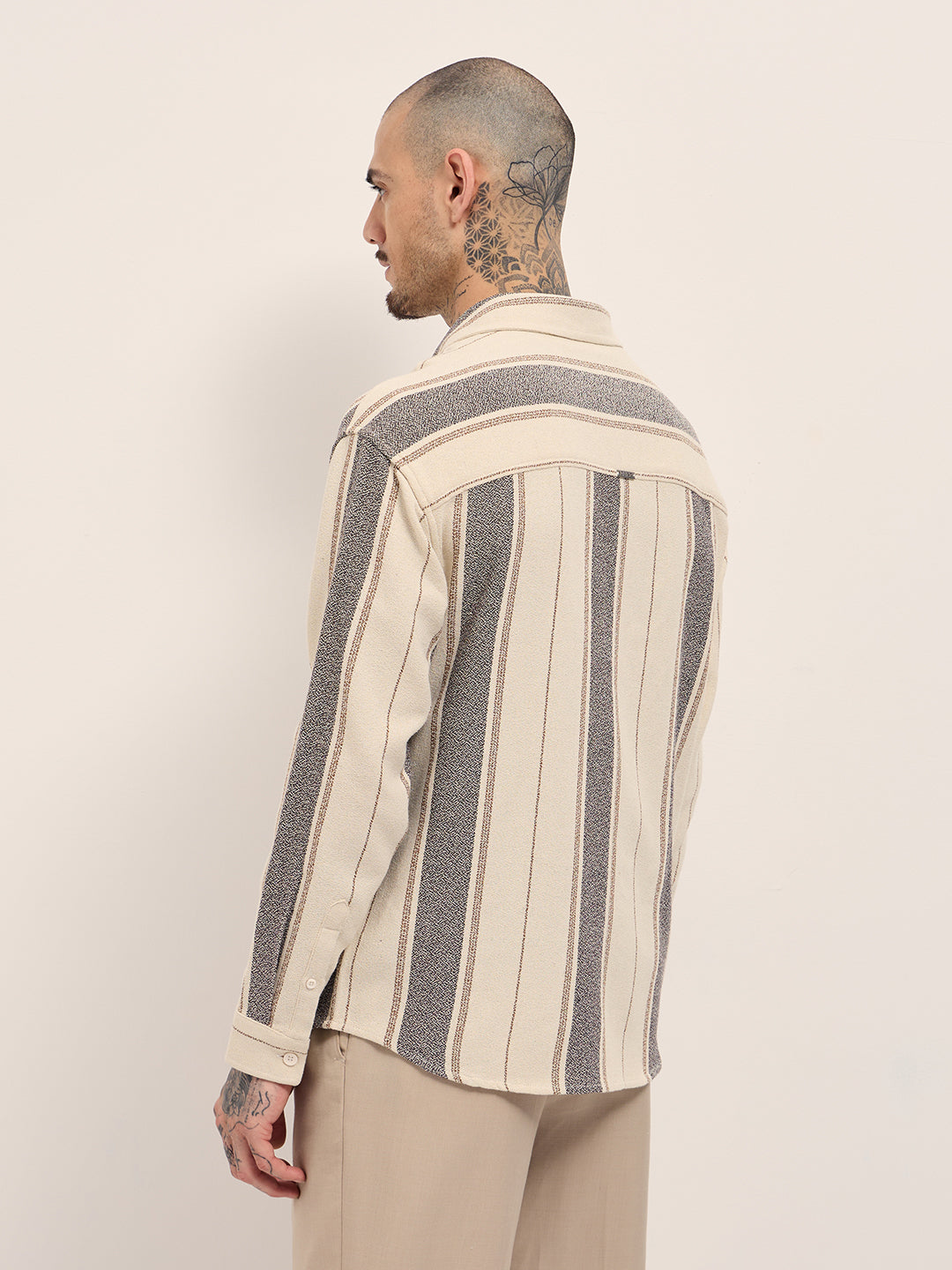 Men Cream Vertical Stripe Relax Fit Long Sleeves Overshirt