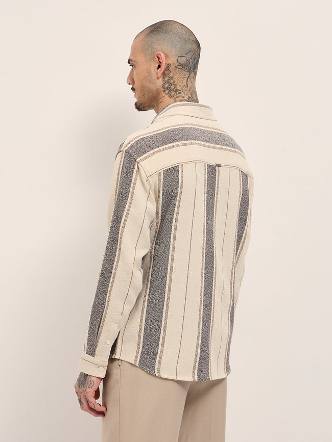 Men Cream Vertical Stripe Relax Fit Long Sleeves Overshirt