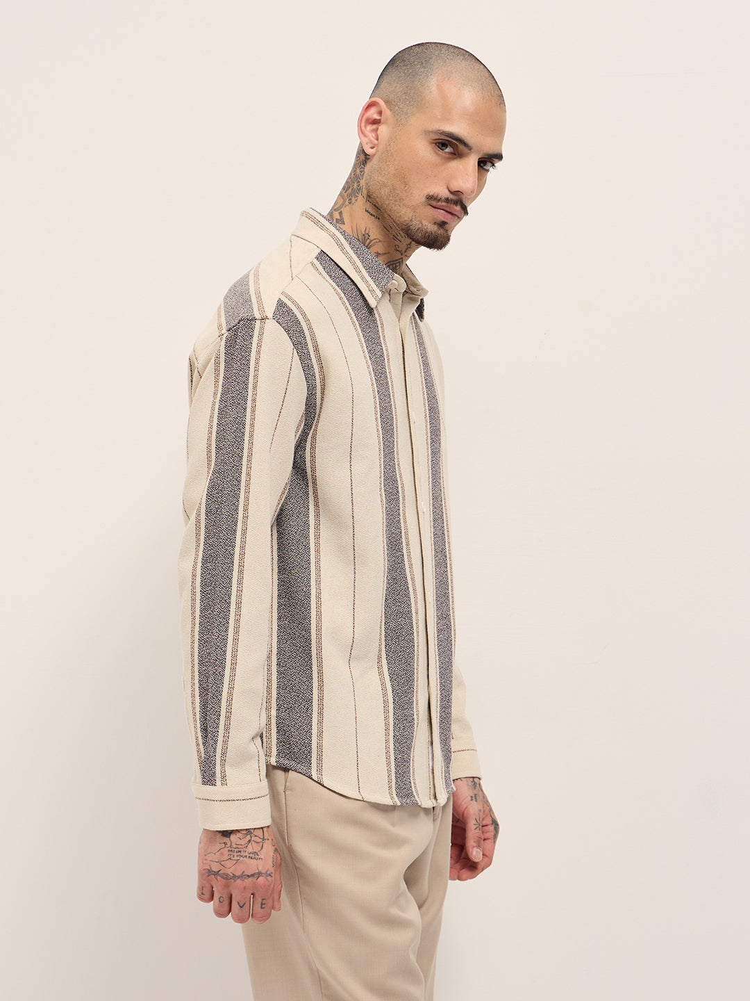 Men Cream Vertical Stripe Relax Fit Long Sleeves Overshirt