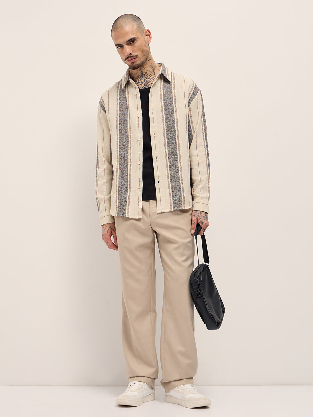 Men Cream Vertical Stripe Relax Fit Long Sleeves Overshirt
