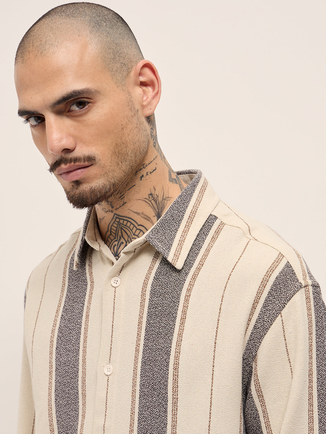 Men Cream Vertical Stripe Relax Fit Long Sleeves Overshirt