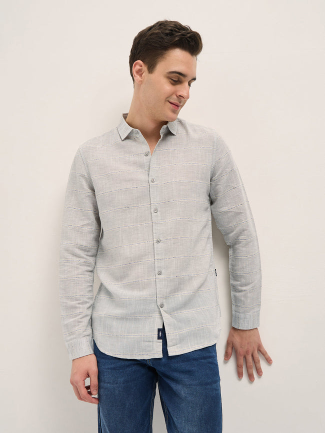 Men Light Grey Horizontal Stripes Slim Fit Casual Shirt