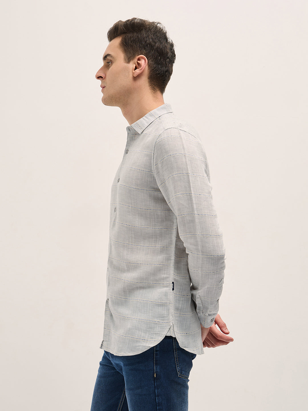 Men Light Grey Horizontal Stripes Slim Fit Casual Shirt