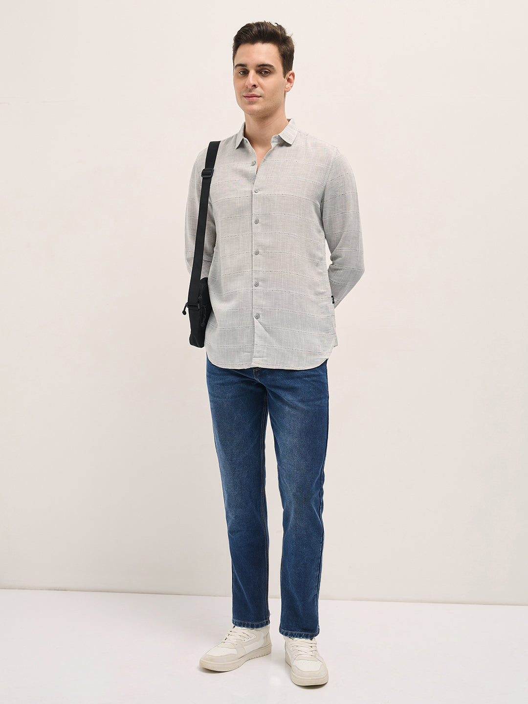 Men Light Grey Horizontal Stripes Slim Fit Casual Shirt