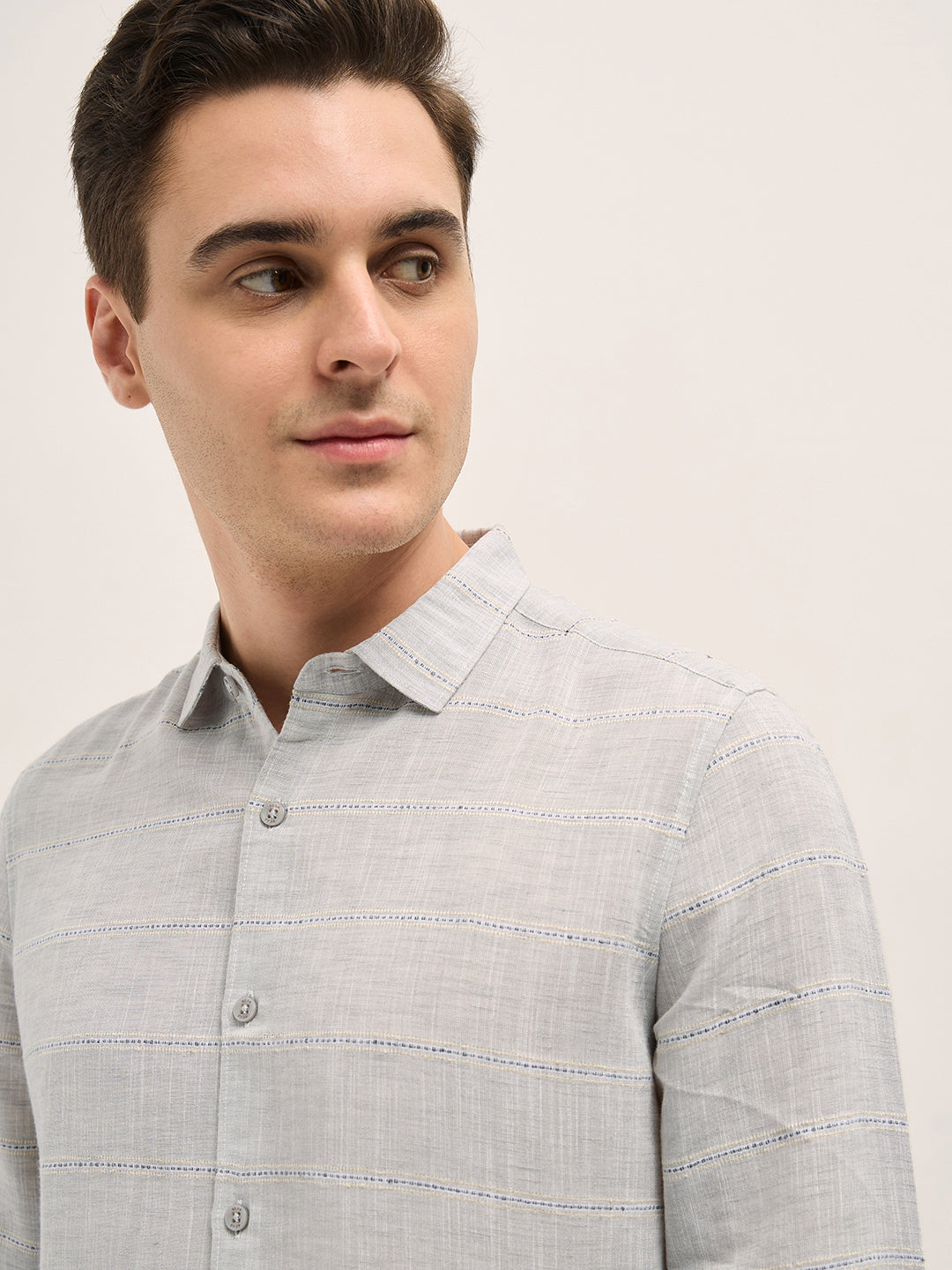 Men Light Grey Horizontal Stripes Slim Fit Casual Shirt