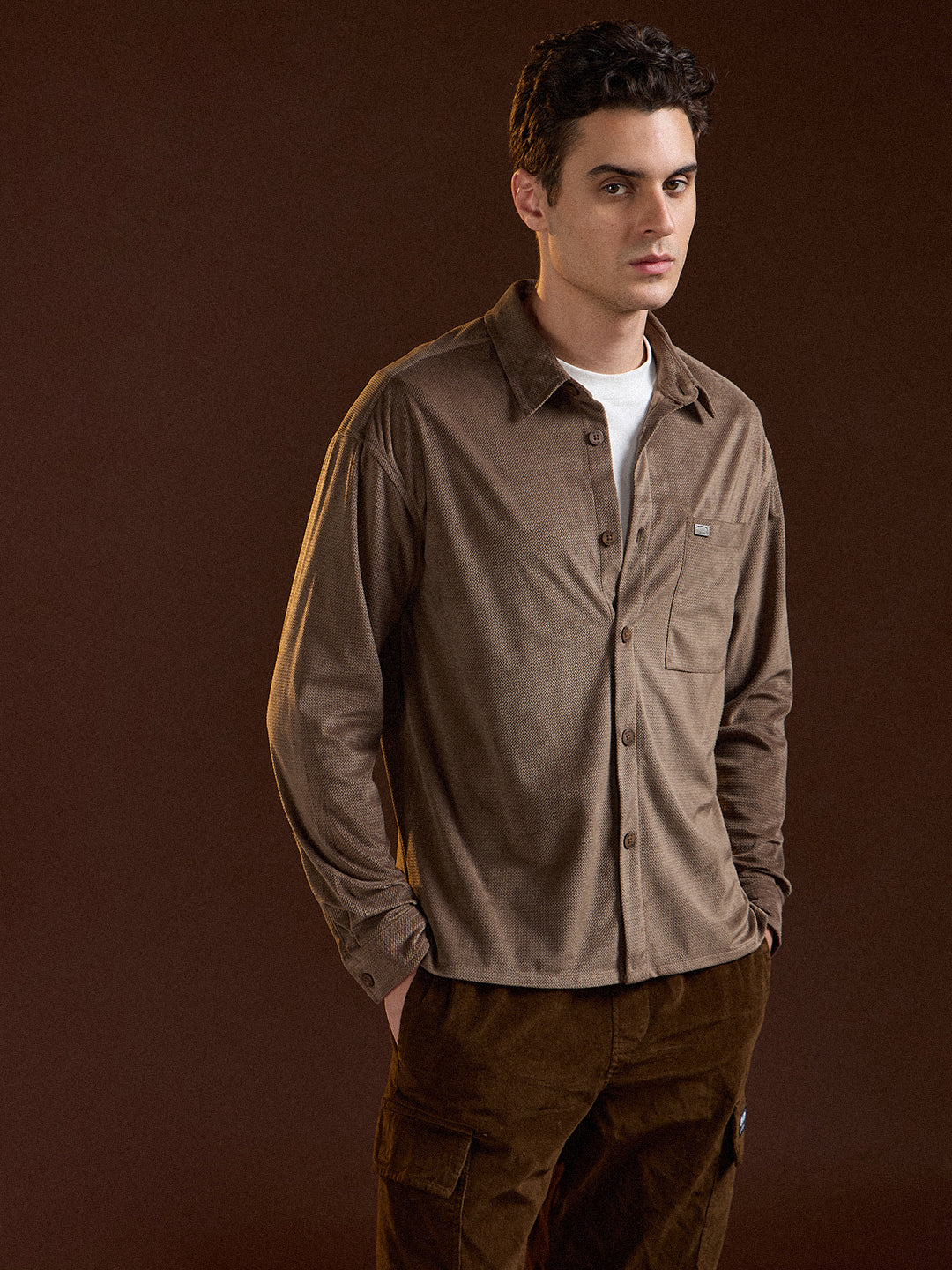 Men Brown Texture Pattern Relaxed Fit Overshirt