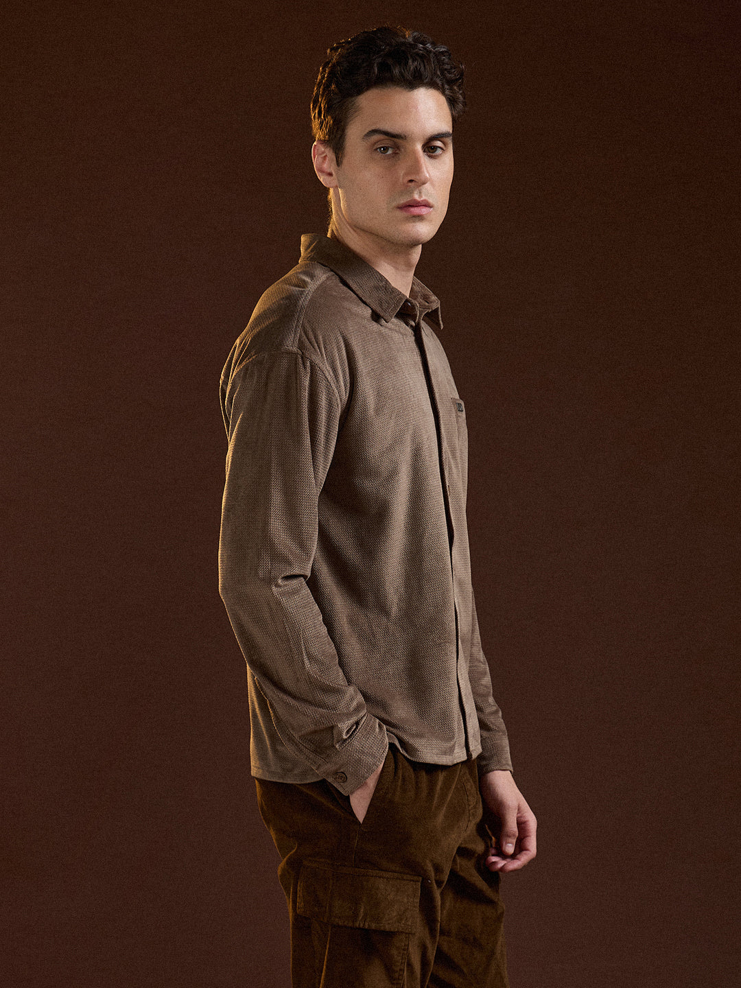 Men Brown Texture Pattern Relaxed Fit Overshirt
