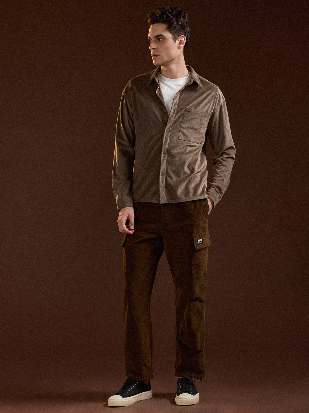 Men Brown Texture Pattern Relaxed Fit Overshirt