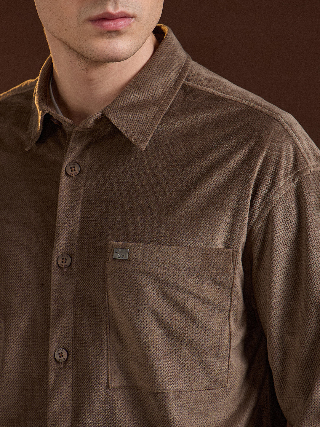 Men Brown Texture Pattern Relaxed Fit Overshirt