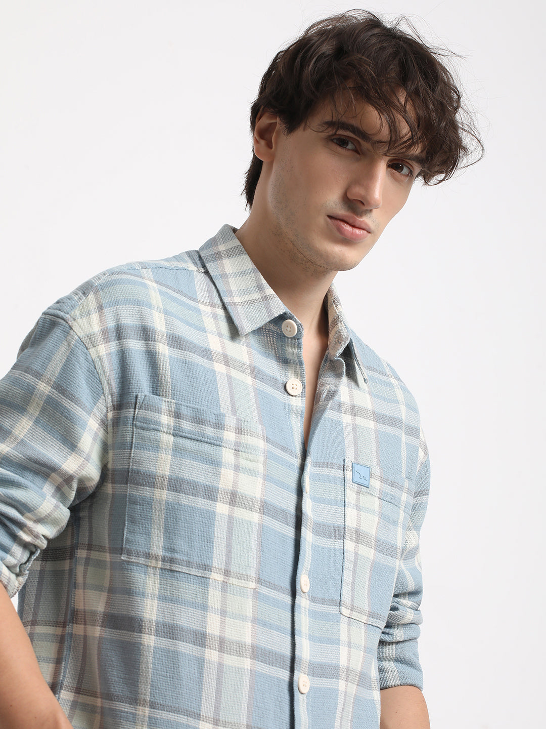 Men  Blue Checked Relaxed Fit Casual Shacket