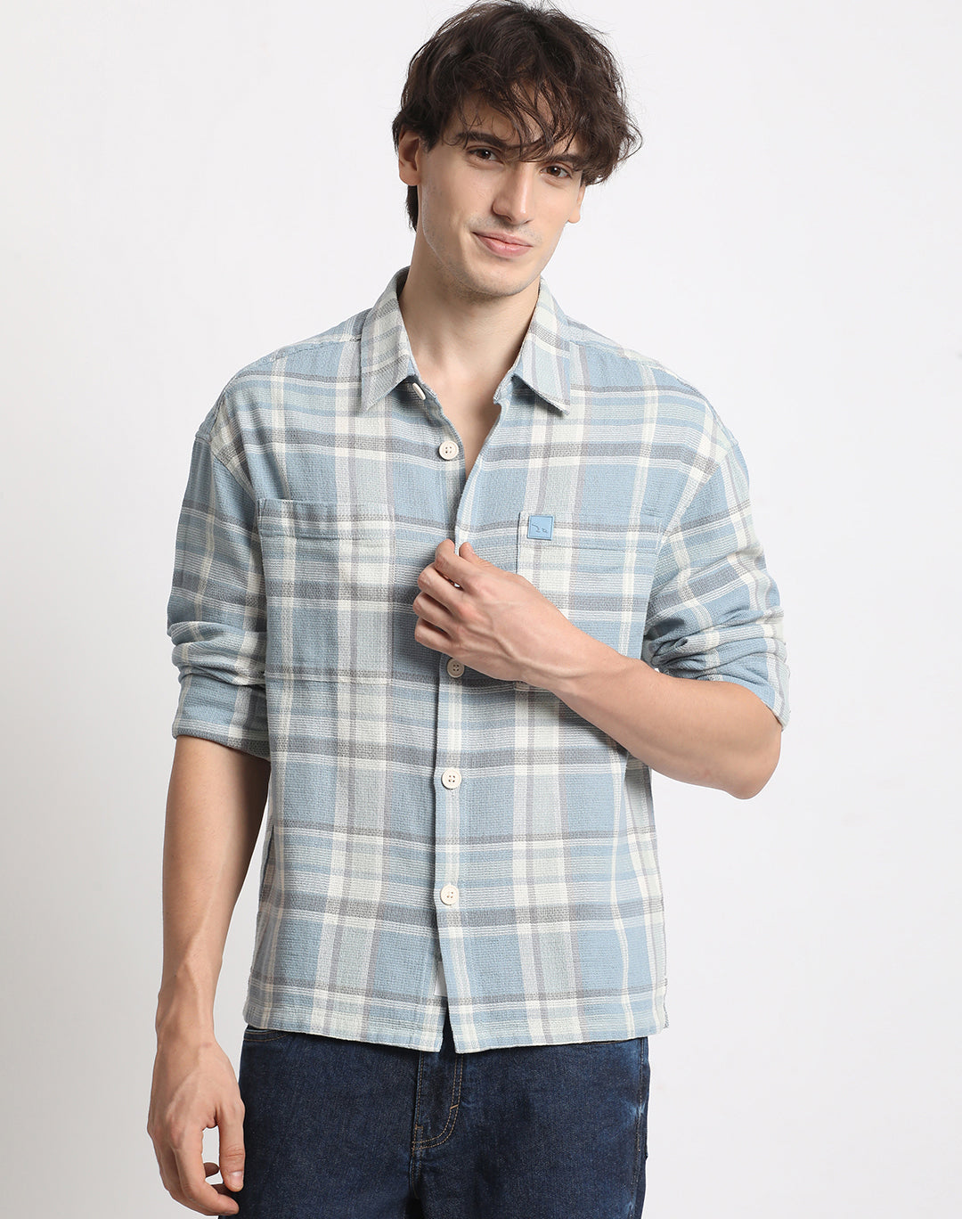 Men  Blue Checked Relaxed Fit Casual Shacket