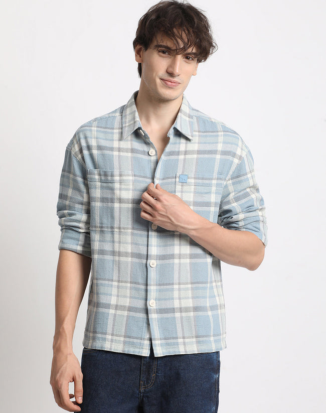 Men  Blue Checked Relaxed Fit Casual Shacket