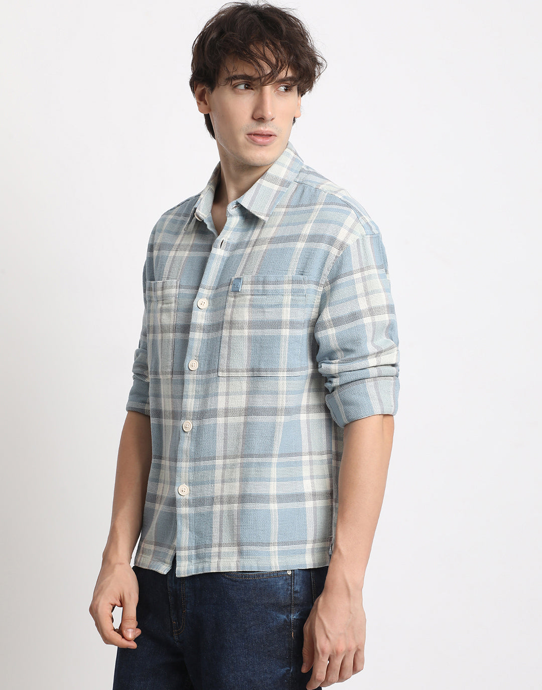 Men  Blue Checked Relaxed Fit Casual Shacket