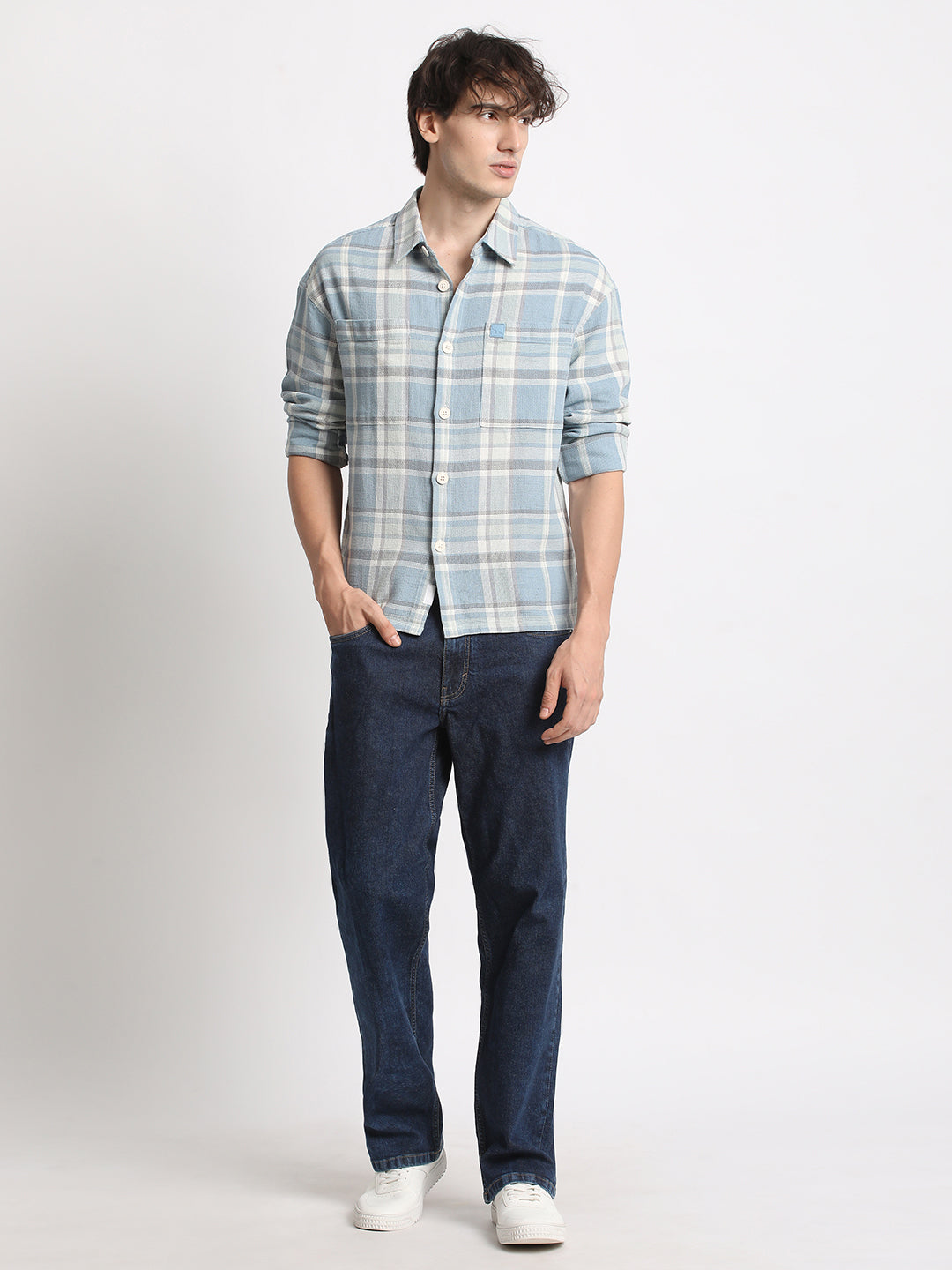 Men  Blue Checked Relaxed Fit Casual Shacket