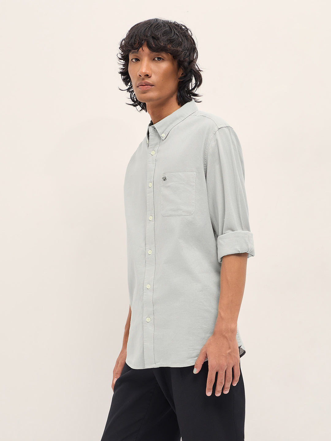 Men Grey Cotton Linen Solid Slim Fit Casual Shirt