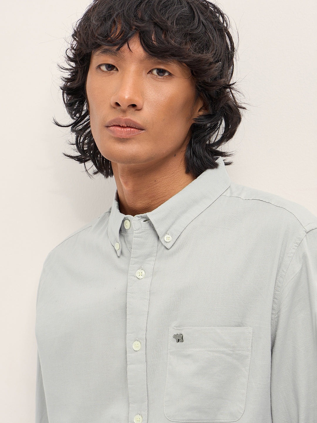 Men Grey Cotton Linen Solid Slim Fit Casual Shirt