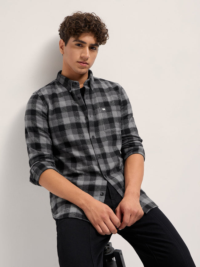 Men Grey and Black Flannel Check Slim Fit Casual Shirt