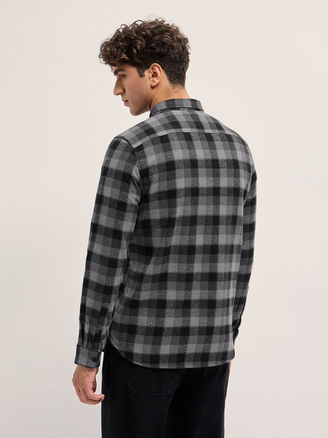 Men Grey and Black Flannel Check Slim Fit Casual Shirt