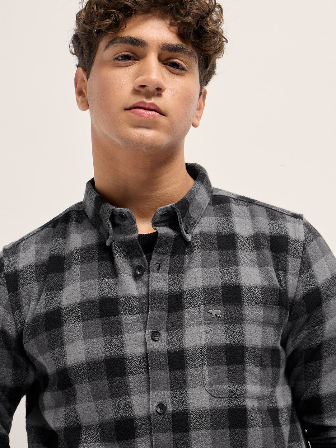 Men Grey and Black Flannel Check Slim Fit Casual Shirt