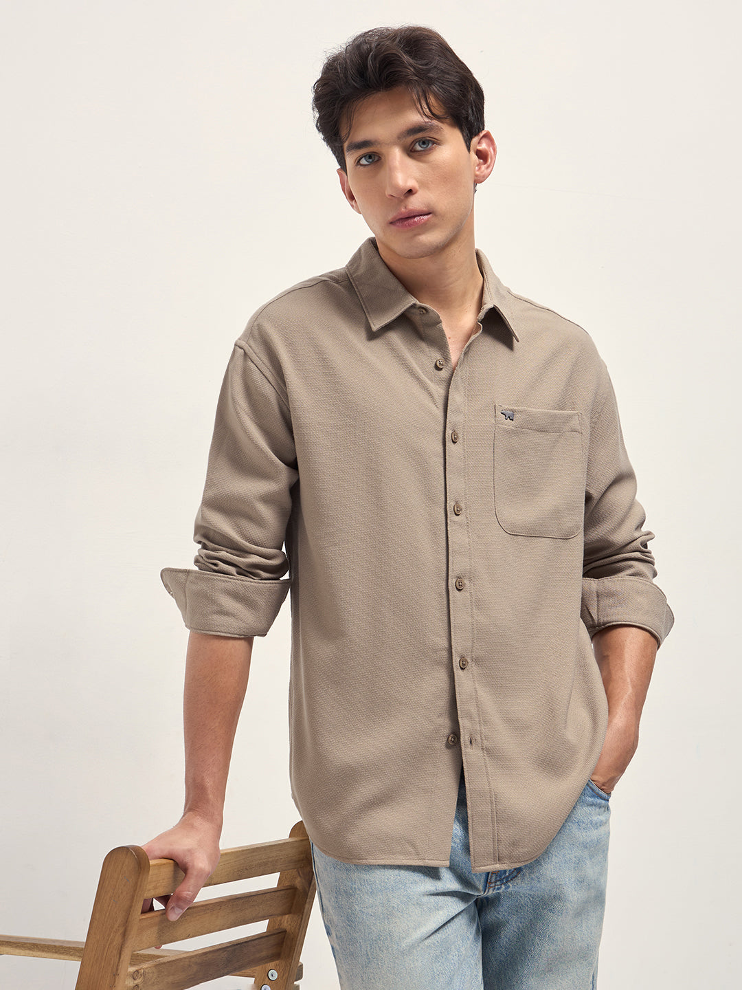 Men Beige Woven Textured Relaxed Fit Casual Shirt