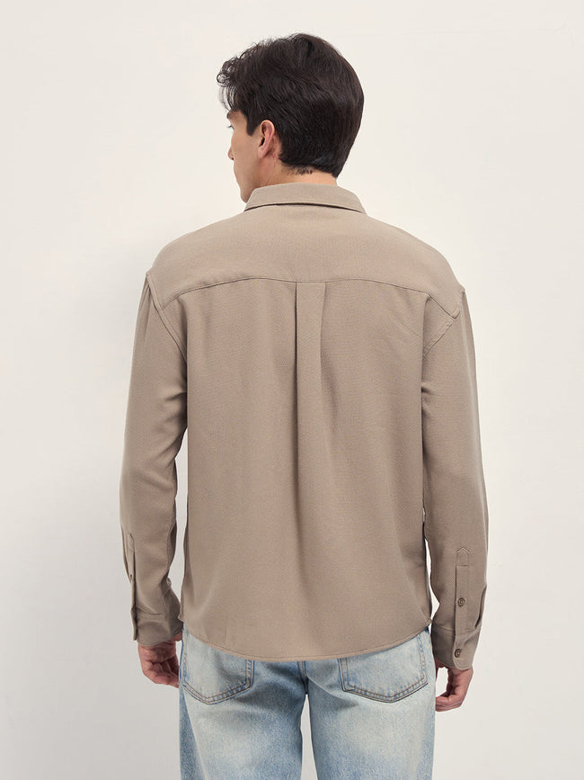 Men Beige Woven Textured Relaxed Fit Casual Shirt