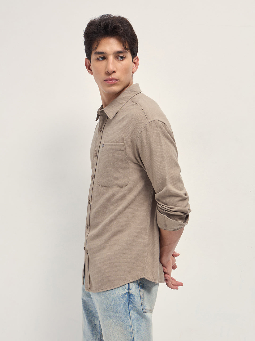 Men Beige Woven Textured Relaxed Fit Casual Shirt