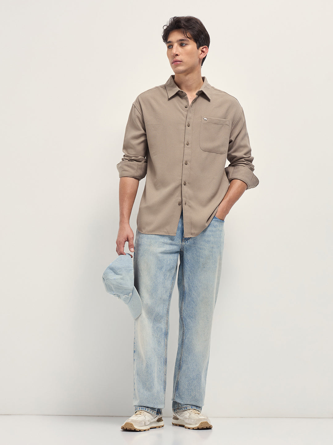 Men Beige Woven Textured Relaxed Fit Casual Shirt