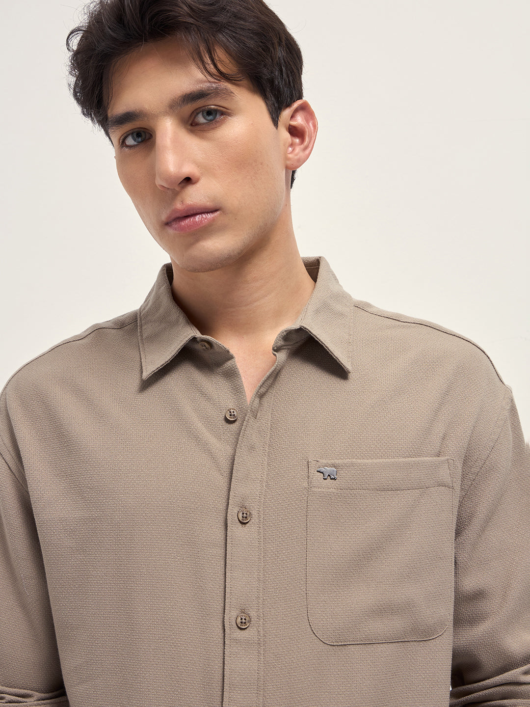 Men Beige Woven Textured Relaxed Fit Casual Shirt