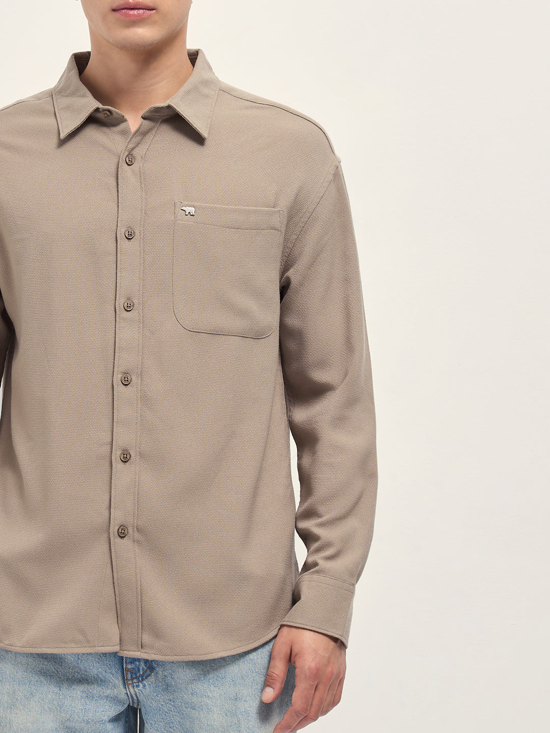 Men Beige Woven Textured Relaxed Fit Casual Shirt