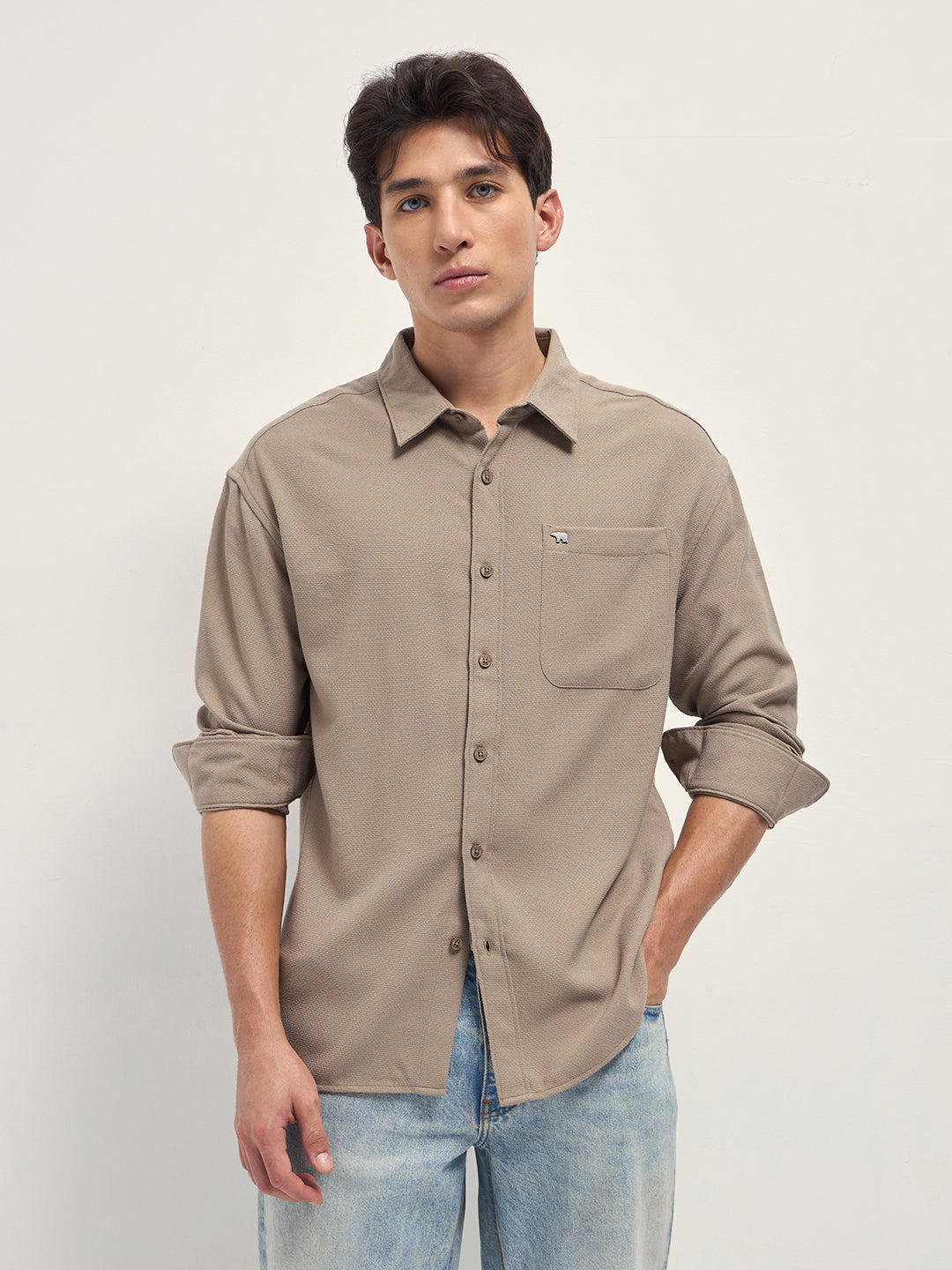 Men Beige Woven Textured Relaxed Fit Casual Shirt