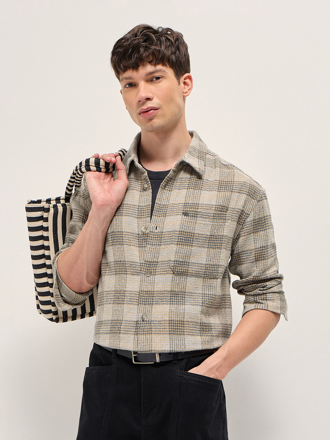 Men Beige Checked Overshirt