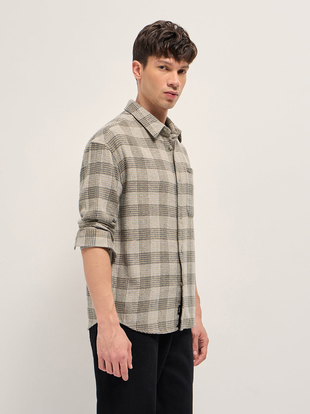 Men Beige Checked Overshirt