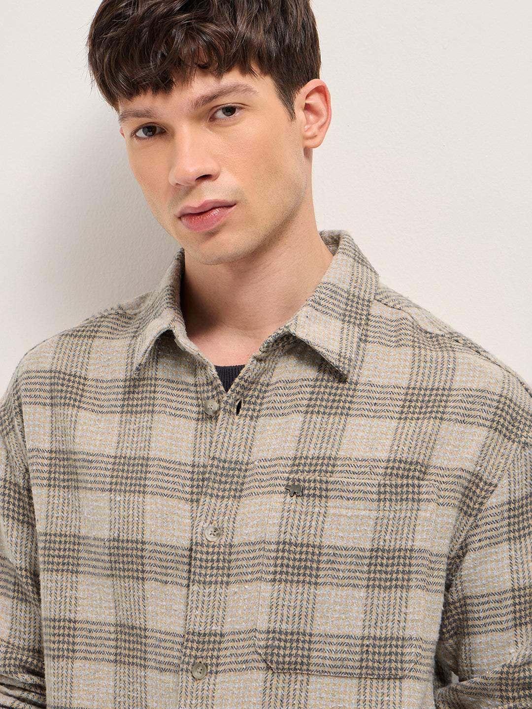 Men Beige Checked Overshirt