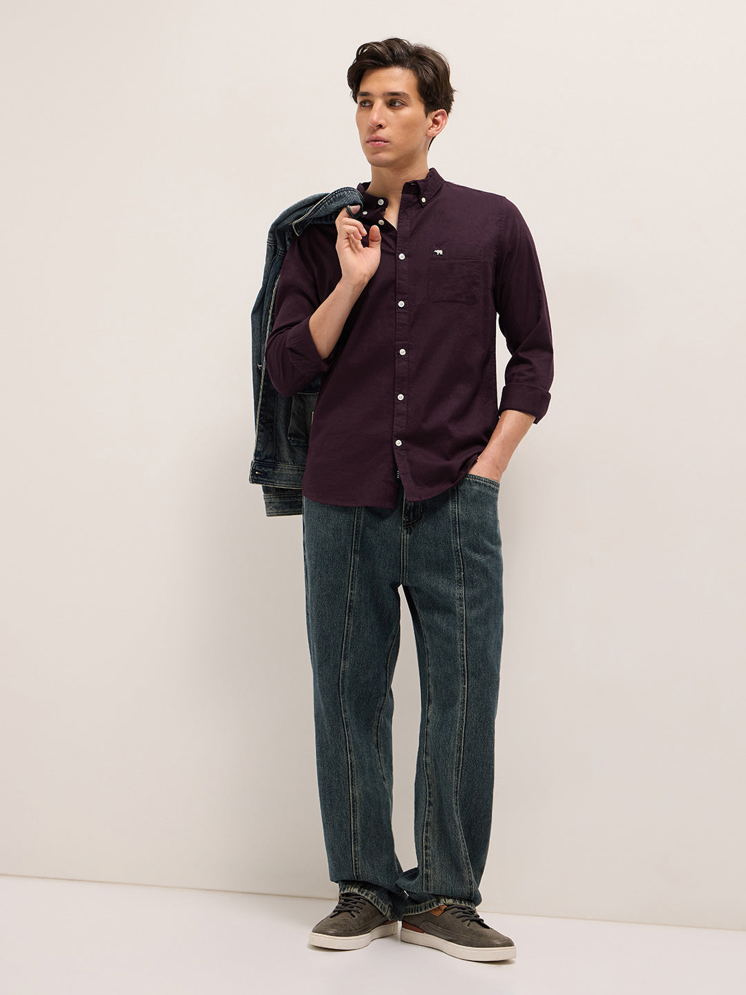 Men Maroon Cotton Solid Slim Fit Casual Shirt