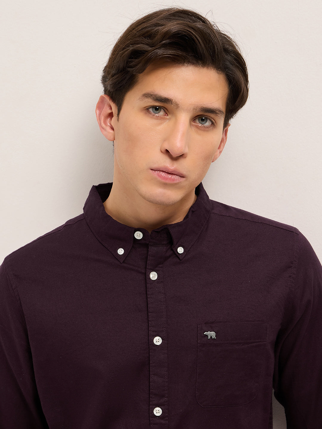 Men Maroon Cotton Solid Slim Fit Casual Shirt