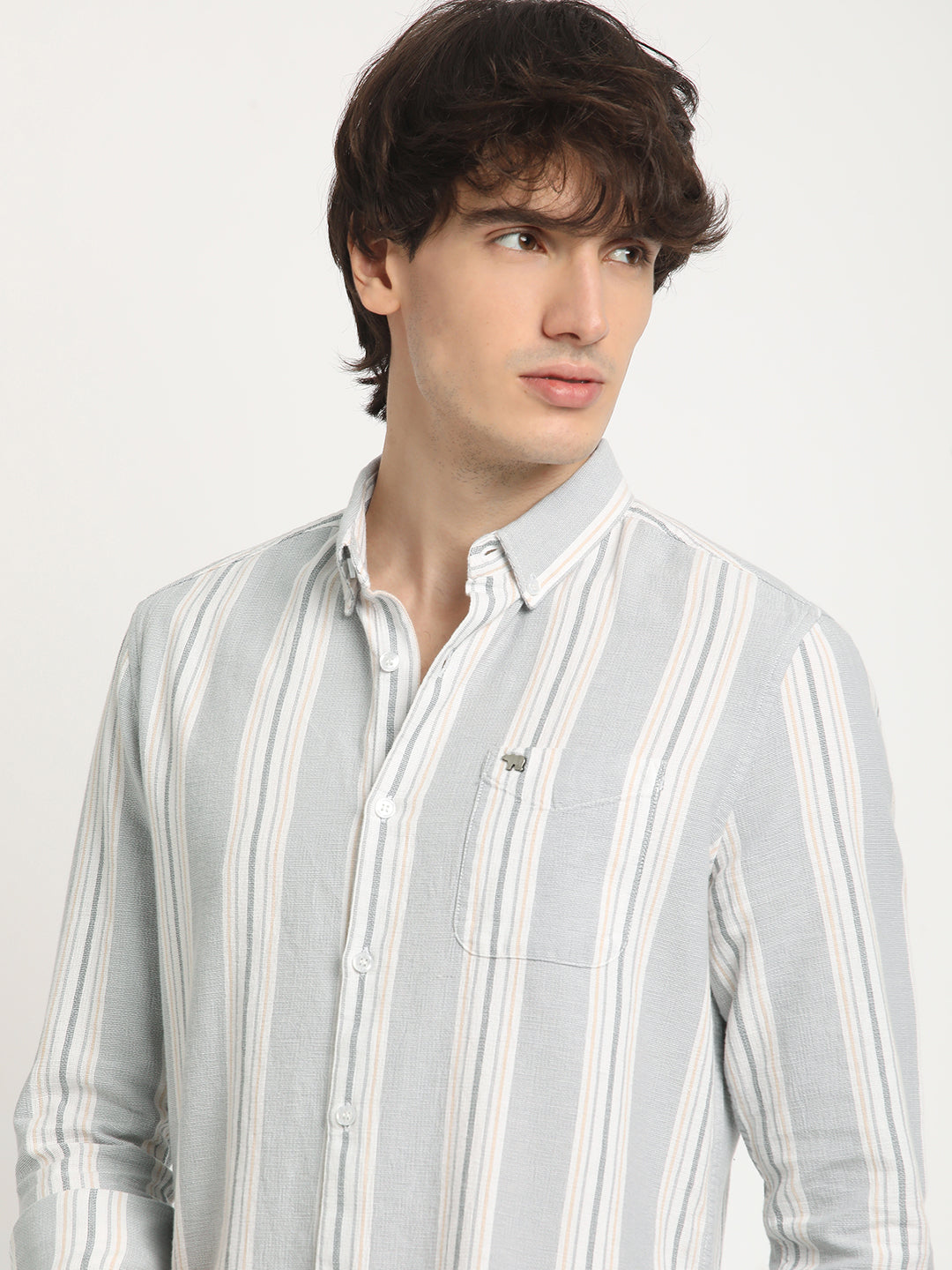 Men Grey Striped Slim Fit Cotton Casual Shirt