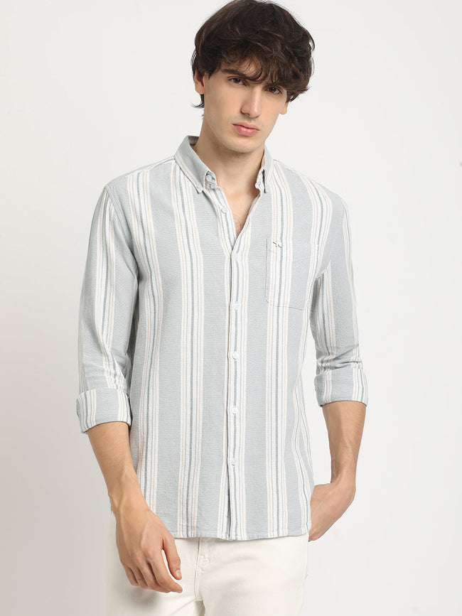 Men Grey Striped Slim Fit Cotton Casual Shirt