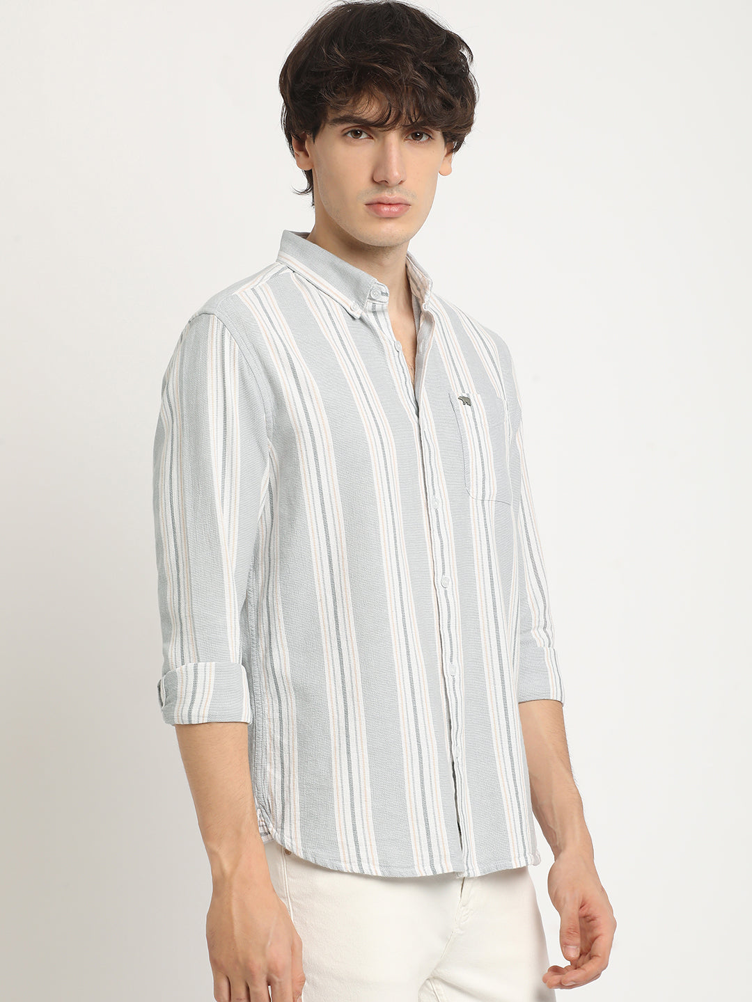 Men Grey Striped Slim Fit Cotton Casual Shirt