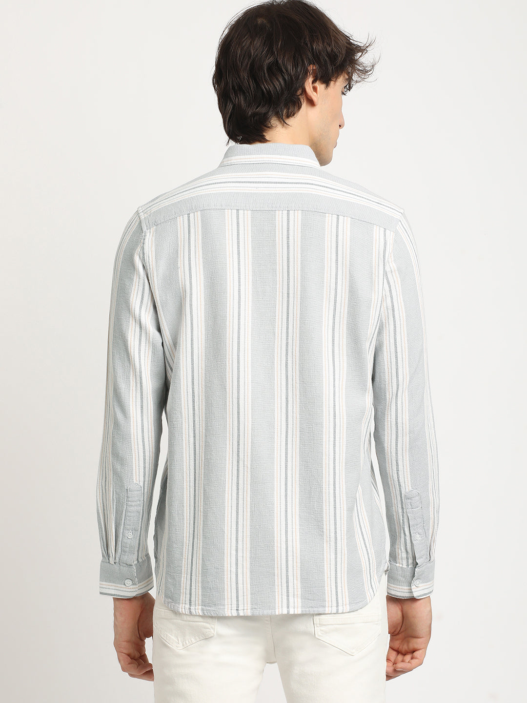 Men Grey Striped Slim Fit Cotton Casual Shirt