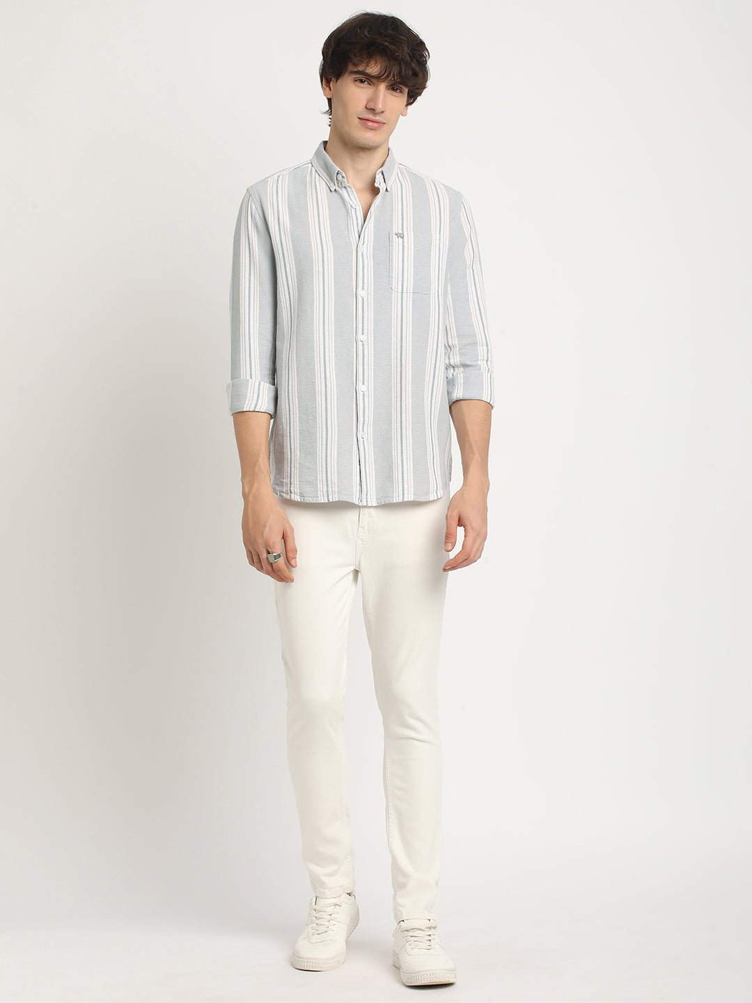 Men Grey Striped Slim Fit Cotton Casual Shirt