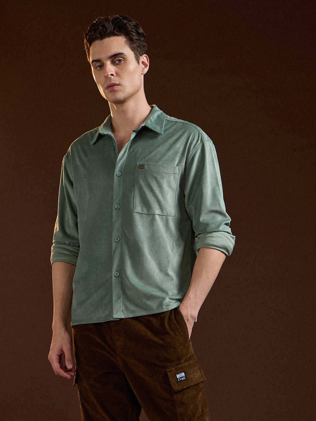 Men Green Texture Pattern Relaxed Fit Overshirt
