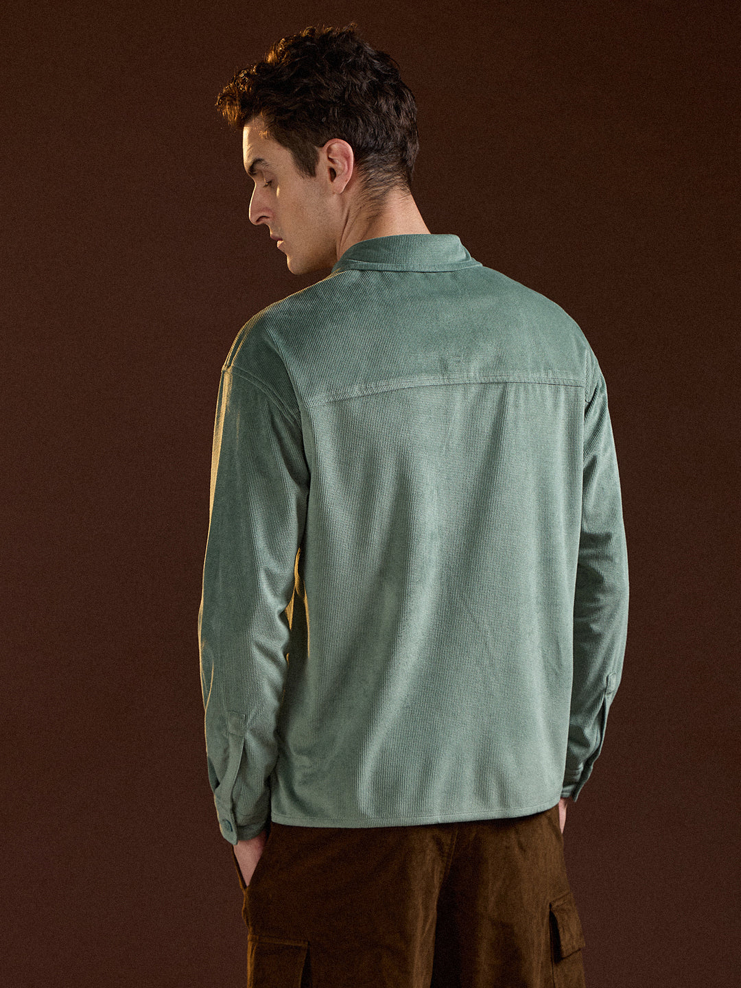Men Green Texture Pattern Relaxed Fit Overshirt